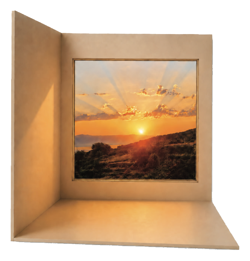 Ein offener Raum, dessen Fenster den Blick auf einen weiten Sonnenaufgang über einer Hügellandschaft freigibt.